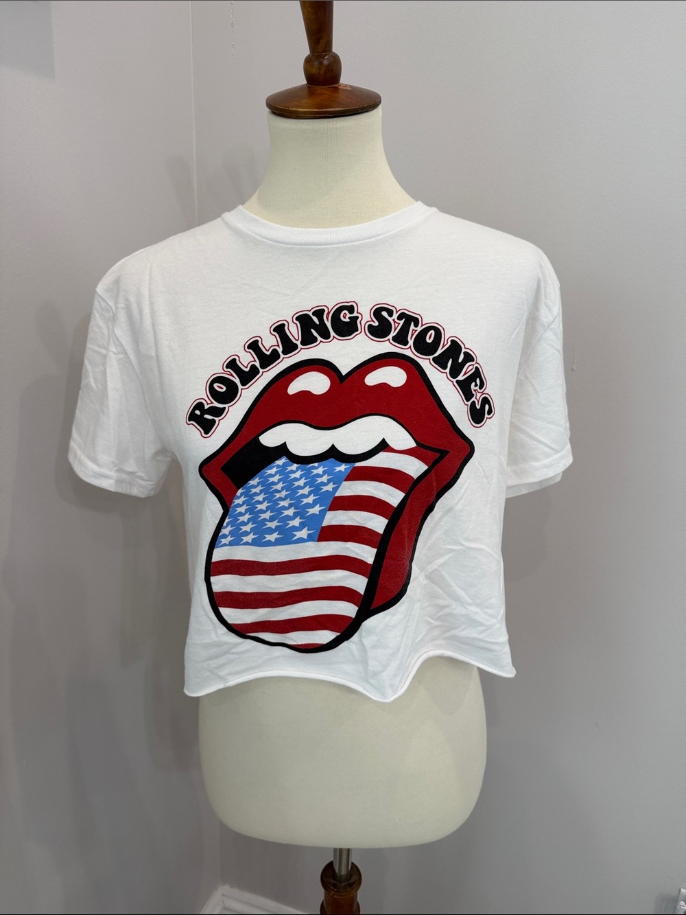 the Rolling Stones White Kids Tee with Red Lips and American Flag Tongue